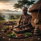 An AI-generated image of a traditional woman making herbs