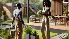 An AI-generated scene set in a modern house in Kenya features a black woman admiring her gardener.