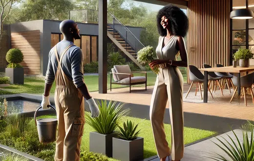 An AI-generated scene set in a modern house in Kenya features a black woman admiring her gardener.