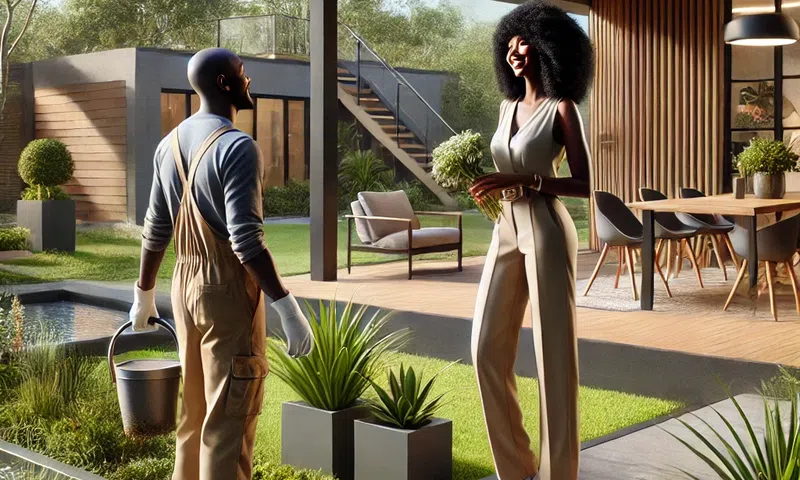 An AI-generated scene set in a modern house in Kenya features a black woman admiring her gardener.