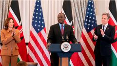 President William Ruto, centre,  alongside US vice-president Kamala Harris, left, and Secretary of State Antony Blinken
