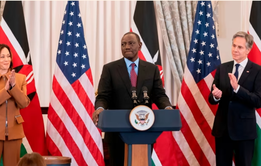 President William Ruto, centre,  alongside US vice-president Kamala Harris, left, and Secretary of State Antony Blinken