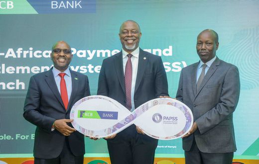 KCB Group CEO Paul Russo, PAPSS CEO, Mike Ogbalu and Trade CS Lee Kinyanjui