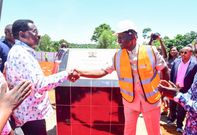 President William Ruto shakes hands with Siaya Governor James Orengo during the breaking of ground for the Urenga Level IV Hospital in Ugenya Constituency on October 6, 2023. PHOTO | PCS