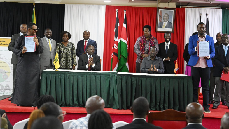 President William Ruto and ODM leader Raila Odinga on Friday, March 7 when they signed a political cooperation deal