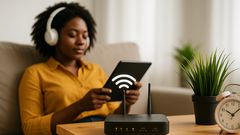 An AI-generated image of a woman using internet at home