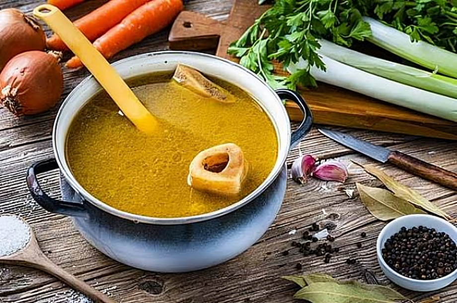 Served beef bone broth
