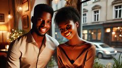 An AI-generated image of  A warm and romantic scene of an African young couple on a date in a cozy café