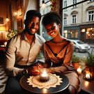 An AI-generated image of  A warm and romantic scene of an African young couple on a date in a cozy café