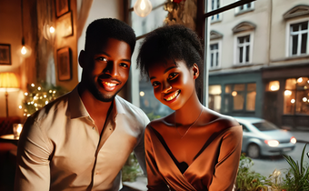 An AI-generated image of  A warm and romantic scene of an African young couple on a date in a cozy café