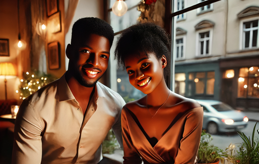 An AI-generated image of  A warm and romantic scene of an African young couple on a date in a cozy café