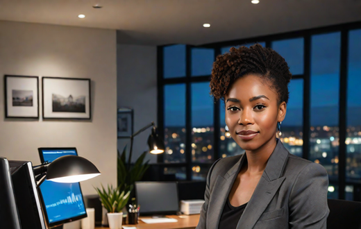 An AI-generated image of a beautiful lady in an office (Source- Hotpot.ai)
