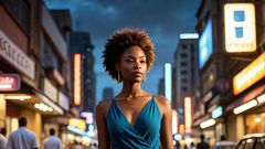 An AI-genearted image of a confident, stylish black woman walking through a bustling Nairobi street (hotpot.ai)