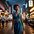 An AI-genearted image of a confident, stylish black woman walking through a bustling Nairobi street (hotpot.ai)