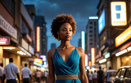 An AI-genearted image of a confident, stylish black woman walking through a bustling Nairobi street (hotpot.ai)