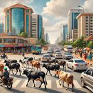 An AI-generated image depicting cows crossing a road in Nairobi, Kenya
