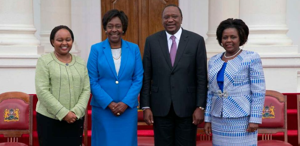 Kirinyaga Governor Anne Waiguru, former Kitui Governor Charity Ngilu, former President Uhuru Kenyatta and the late former Bomet Governor Joyce Laboso