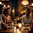 An AI-genearted image of a group of friends laughing and enjoying a meal at a restaurant (Hotpot.ai)