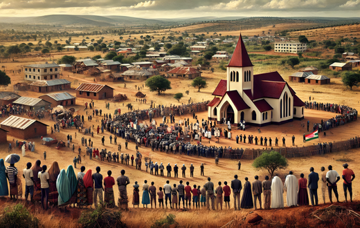 An AI generated image depicting a tense land dispute scene between a community and a religious institution
