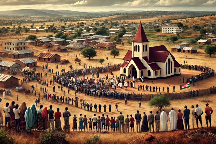 An AI generated image depicting a tense land dispute scene between a community and a religious institution