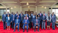 File image of President William Ruto, DP Rigathi Gachagua and Prime Cabinet Secretary Musalia Mudavadi with members of the former cabinet that was sent packing following protests by Kenyans demanding for better governance and accountability