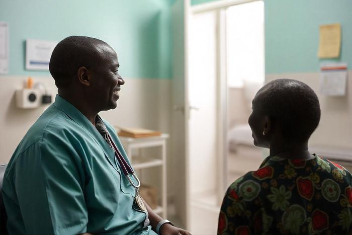 An AI generated image of a doctor smiling while talking to a patient in a hospital