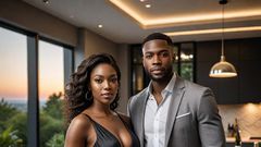 A landscape image of a black modern couple(Man and woman) in a modern set up (Hotpot.ai)
