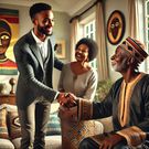 An African man in his thirties, warmly greeted by his in-laws in a beautifully decorated living room