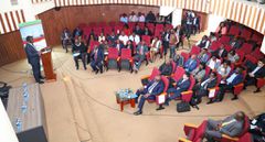 Energy CS Opiyo Wandayi speaking at a public participation event held at the Kawi Complex, Nairobi