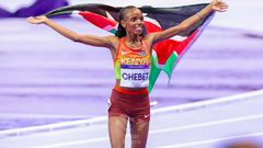 Gold medalist Beatrice Chebet of Kenya celebrates after winning gold in women's 10,000m final at the 2024 Paris Olympic Games in Paris on August 9, 2024