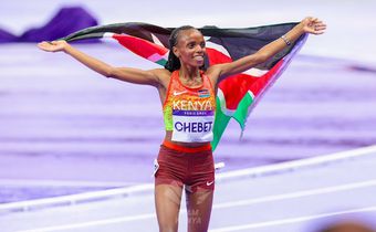 Gold medalist Beatrice Chebet of Kenya celebrates after winning gold in women's 10,000m final at the 2024 Paris Olympic Games in Paris on August 9, 2024