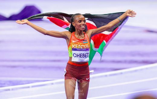 Gold medalist Beatrice Chebet of Kenya celebrates after winning gold in women's 10,000m final at the 2024 Paris Olympic Games in Paris on August 9, 2024