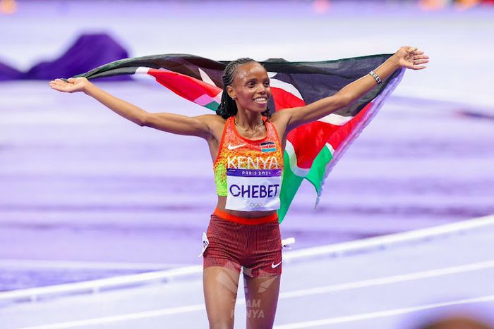 Gold medalist Beatrice Chebet of Kenya celebrates after winning gold in women's 10,000m final at the 2024 Paris Olympic Games in Paris on August 9, 2024