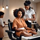 An AI-generated image of a woman at a salon, getting a manicure or pedicure, and having her hair styled, looking relaxed and content (Hotpot.ai)