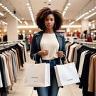 An AI-generated image of a woman shopping in a mall, and carrying shopping bags browsing through clothing racks ( Hotpot.ai)