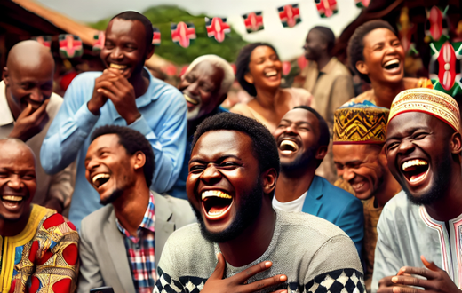 An AI-generated image of a lively scene depicting a black Kenyan man laughing loudly while using his smartphone, surrounded by a group of Kenyan people in a social gathering