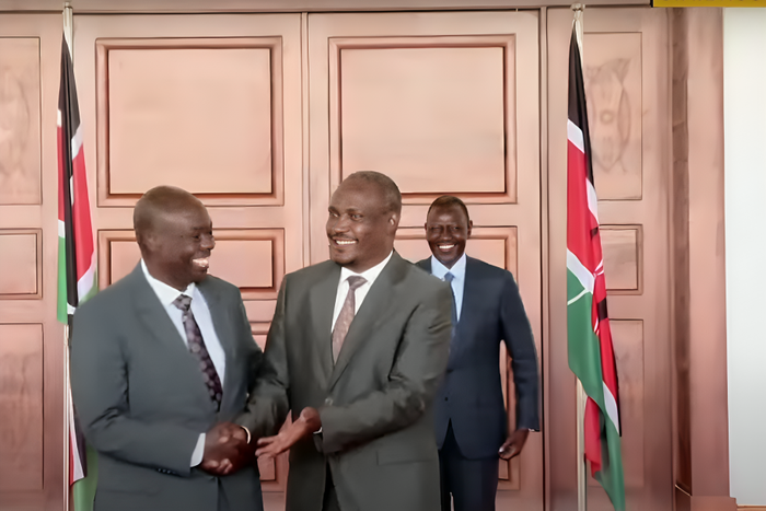 Deputy President Rigathi Gachagua with Treasury CS John Mbadi at State House on August 20, 2024