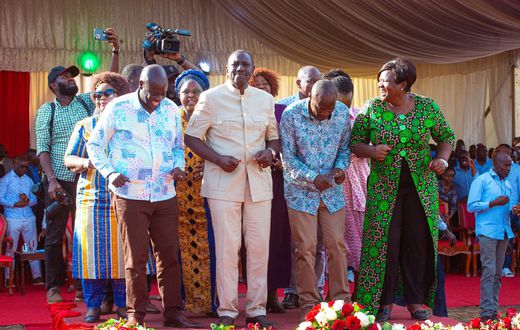 President William Ruto, DP Rigathi Gachagua, Treasury CS John Mbadi and Governor Gladys Wanga during in Homa Bay County on August 29, 2024