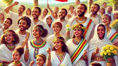 An AI-generated image of  a vibrant and colourful scene of Ethiopians celebrating their New Year