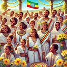 An AI-generated image of  a vibrant and colourful scene of Ethiopians celebrating their New Year