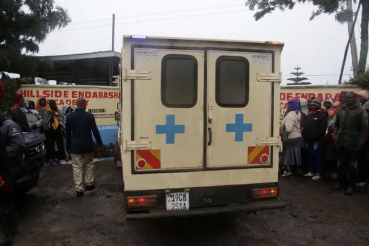 An ambulance at Hillside Endarasha Primary School in Nyeri county where a fire swept through a dormitory, leaving 18 pupils dead