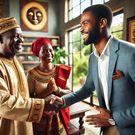 An African man in his thirties, warmly greeted by his in-laws in a beautifully decorated living room