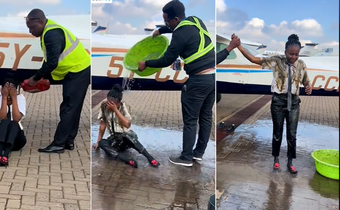 A young pilot undergoing a traditional solo flight ritual
