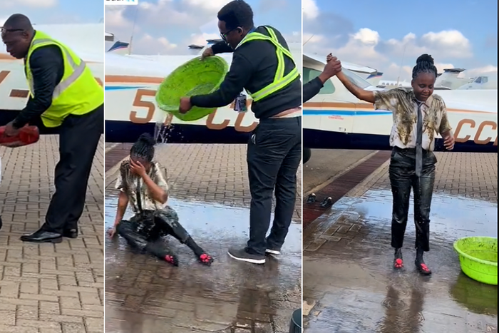 A young pilot undergoing a traditional solo flight ritual