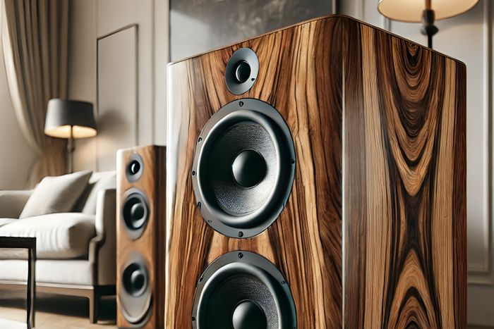 An AI-generated image of speaker cabinets made of polished wood