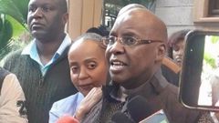 Jimi Wanjigi addressing the press alongside his wife Irene Nzisa Wanjigi after a raid at his Muthaiga home