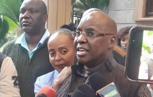 Jimi Wanjigi addressing the press alongside his wife Irene Nzisa Wanjigi after a raid at his Muthaiga home