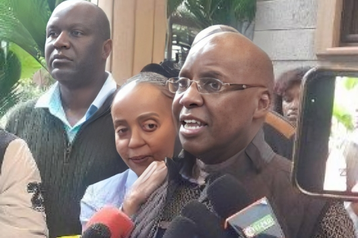 Jimi Wanjigi addressing the press alongside his wife Irene Nzisa Wanjigi after a raid at his Muthaiga home