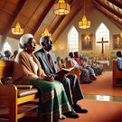 An AI-generated image of elderly Kenyan parents attending a church service The scene is set inside a modern church with a warm, welcoming atmosphere