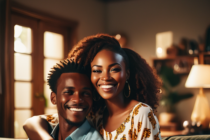 An AI-generated mage of happy African couple at home